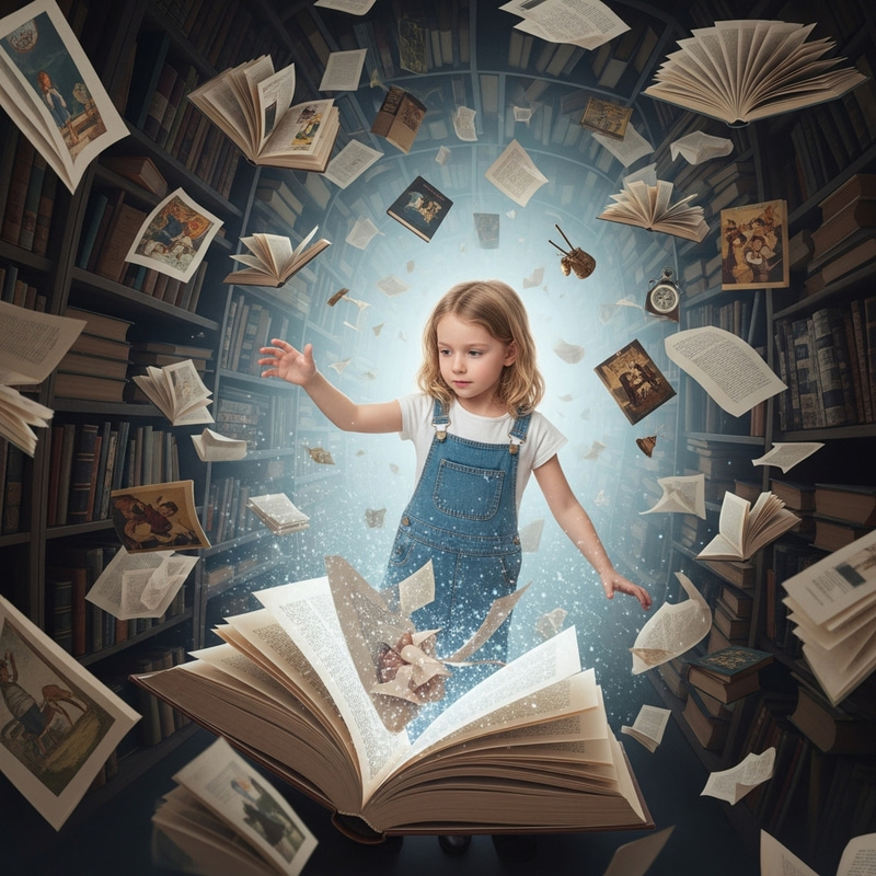 Blonde Girl's Enchanted Journey Through Books