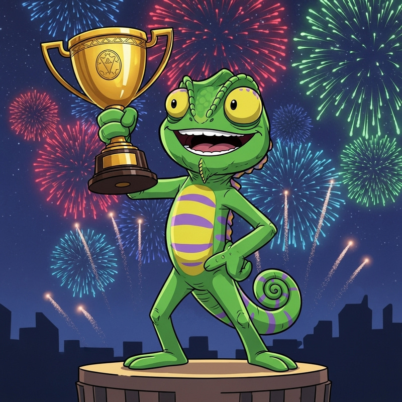 Grandiose Green Chameleon Celebrates Victory with Trophy and Fireworks Grandiose Green Chameleon Celebrates Victory with Trophy and Fireworks