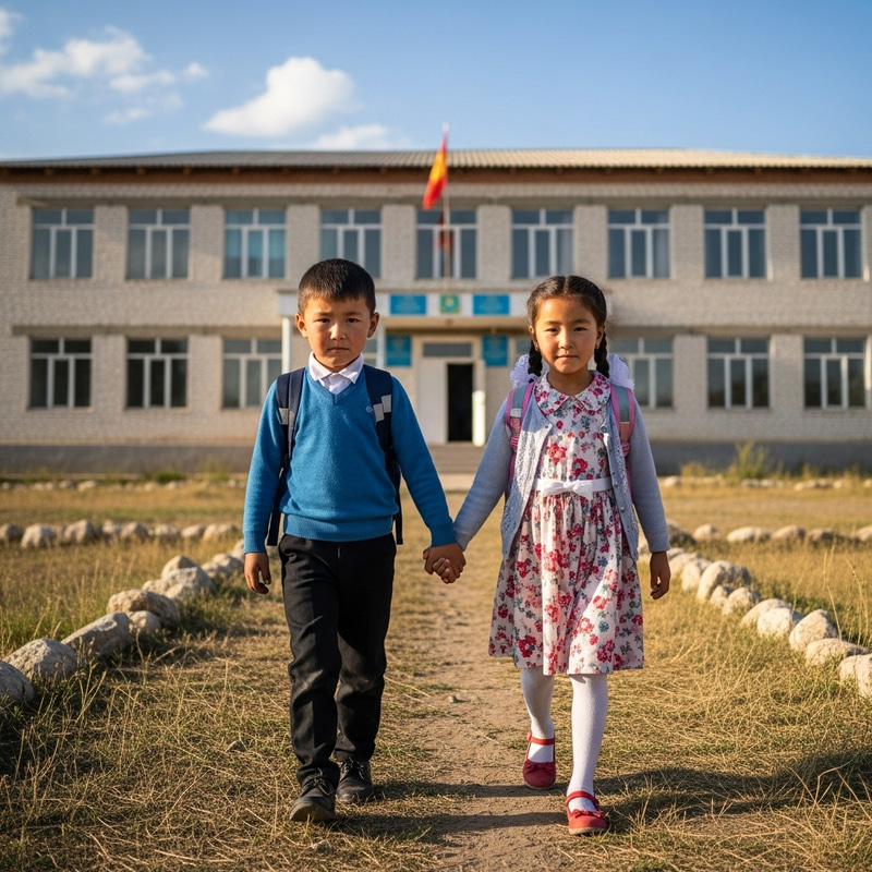 Kyrgyz Boy and Girl Walking to School - School
