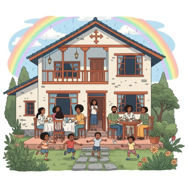 Ethiopian Style House Gathering with Colorful Rainbow Ethiopian Style House Gathering with Colorful Rainbow