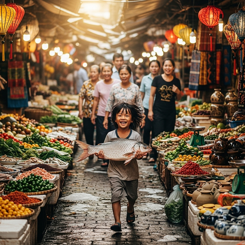 Vietnamese Child Running with Fish in Market Vietnamese Child Running with Fish in Market