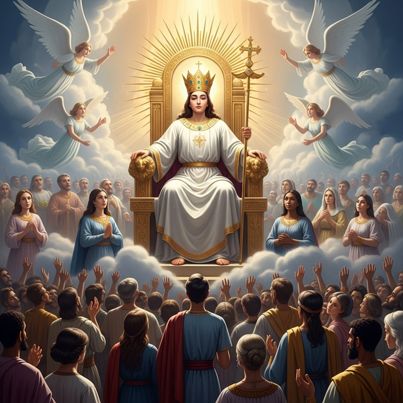 Heavenly Scene with Jesus Christ on Grand Throne Surrounded by Angels and Multitude Heavenly Scene with Jesus Christ on Grand Throne Surrounded by Angels and Multitude