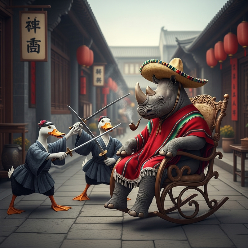 Realistic Rhinoceros in Mexican Sombrero vs. Ducks in Kimonos - Epic Showdown