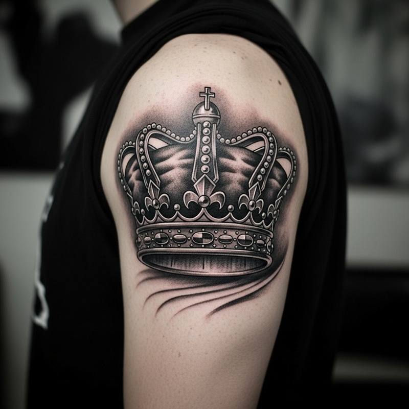 Realistic Black and Gray Crown Tattoo on Upper Arm
