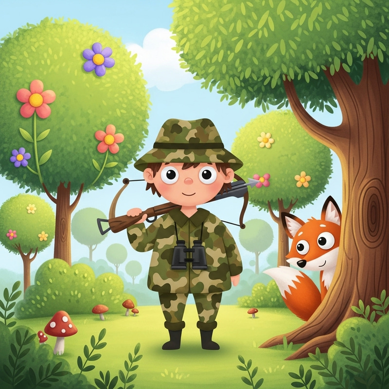 Adorable Cartoon Hunter in Whimsical Wilderness Adorable Cartoon Hunter in Whimsical Wilderness