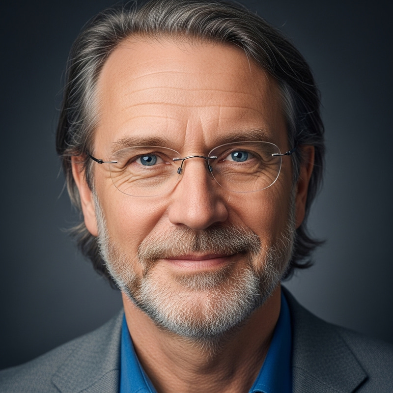 Detailed Portrait of Wise and Kind Middle-aged Caucasian Man with Sparkling Blue Eyes