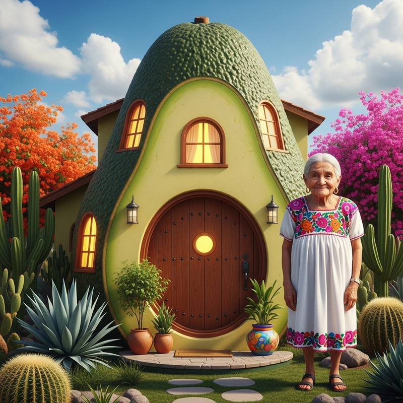 Elderly Hispanic Woman in an Avocado-Shaped House Elderly Hispanic Woman in an Avocado-Shaped House