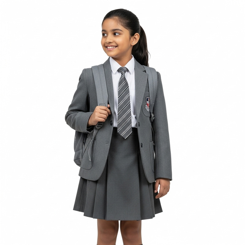 South Asian Girl in Grey School Uniform - Back to School | Smiling Student South Asian Girl in Grey School Uniform - Back to School | Smiling Student