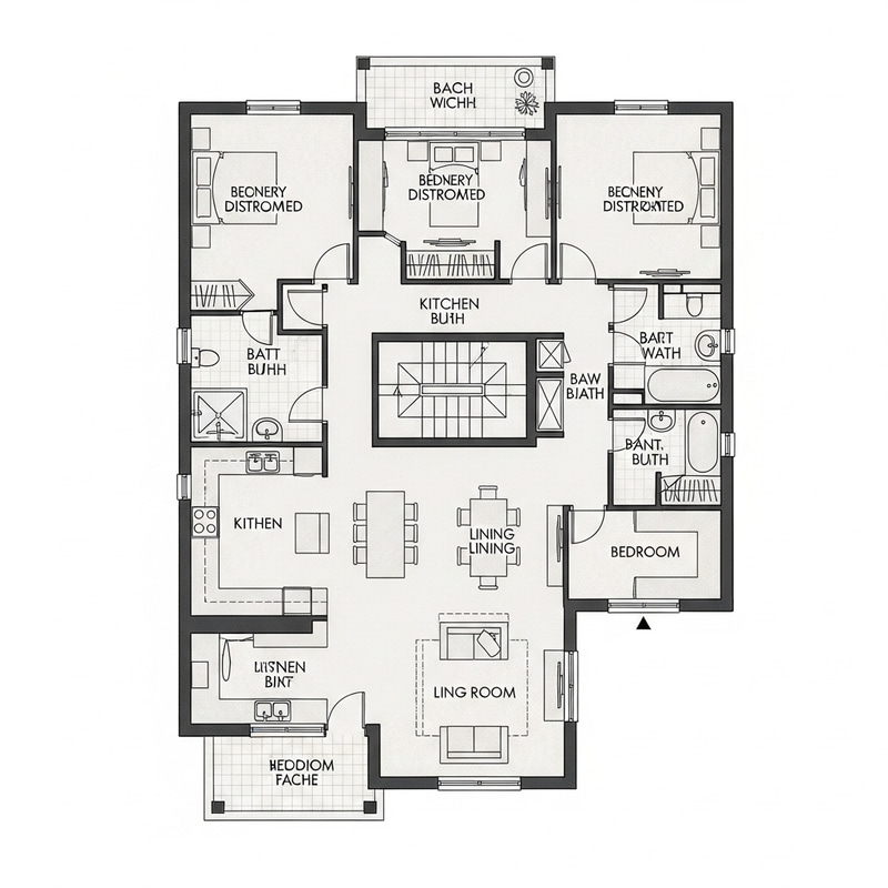 Square House Floor Plan: 3 Bedrooms, Staircase | Pencil Drawing