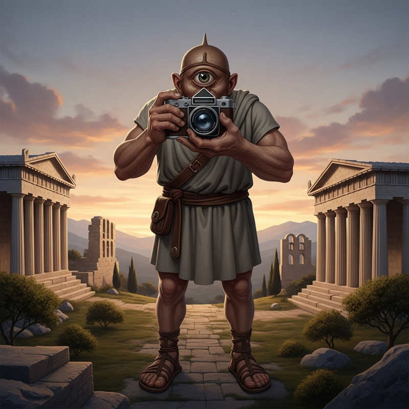 Cyclops with Vintage Camera in Ancient Greek Scene Cyclops with Vintage Camera in Ancient Greek Scene