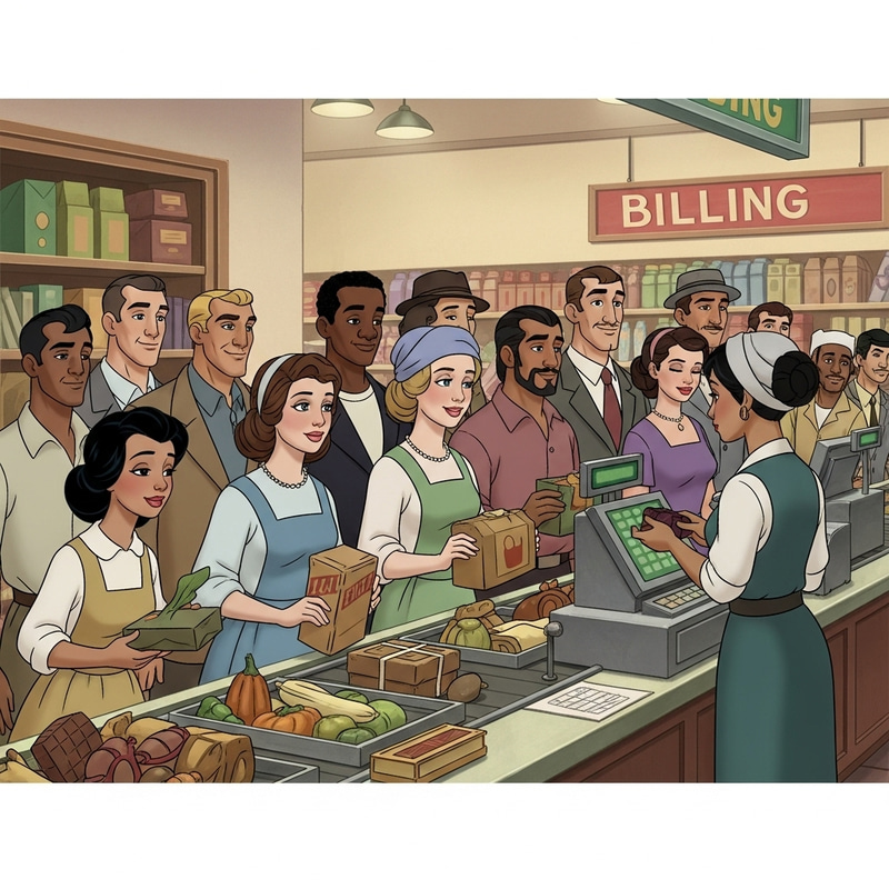 Pixar Style Supermarket Scene: Diverse Animated Checkout Pixar Style Supermarket Scene: Diverse Animated Checkout