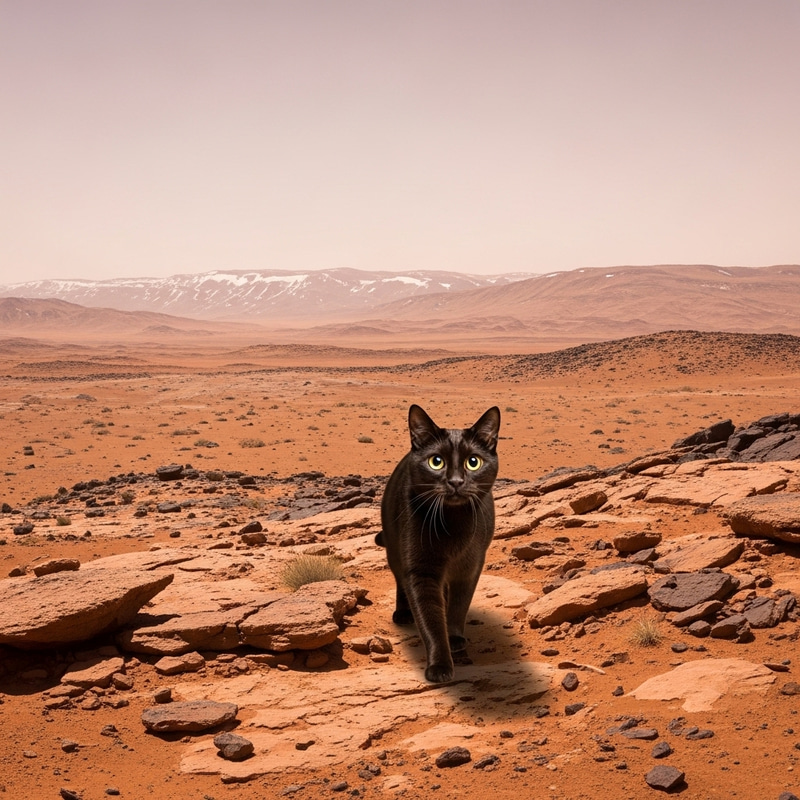 Curious Cat on Mars | Shiny Coat & Orange-Red Terrain Curious Cat on Mars | Shiny Coat & Orange-Red Terrain