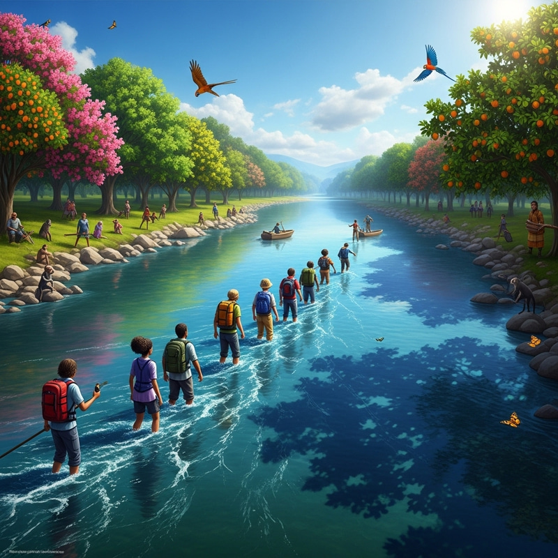 Crossing the Majestic River Among Abundant Fruit Trees Crossing the Majestic River Among Abundant Fruit Trees