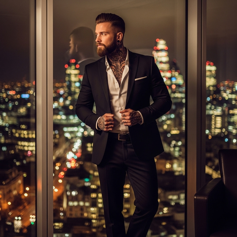 Sophisticated Urban Man with Intricate Tattoos | London Night Lights