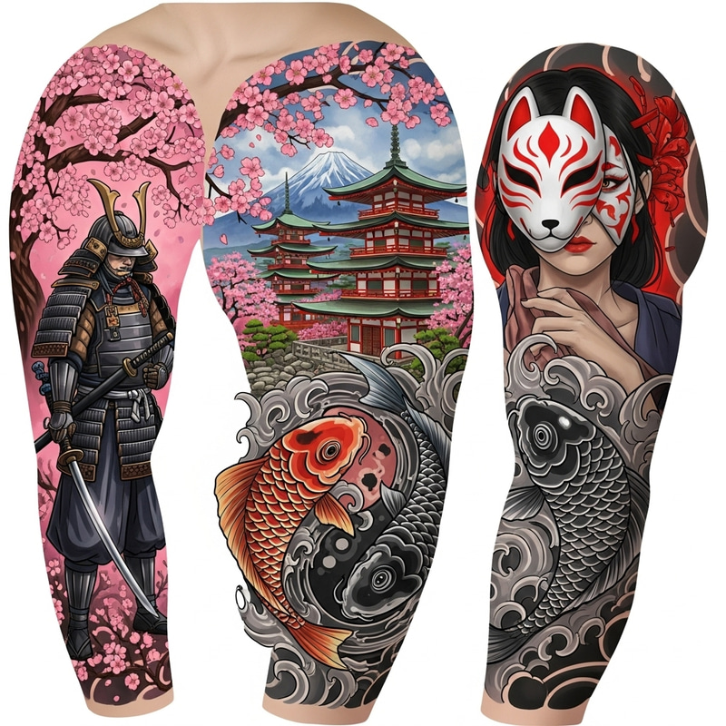Samurai and Koi Tattoo Design with Japanese Temple Scenery Samurai and Koi Tattoo Design with Japanese Temple Scenery