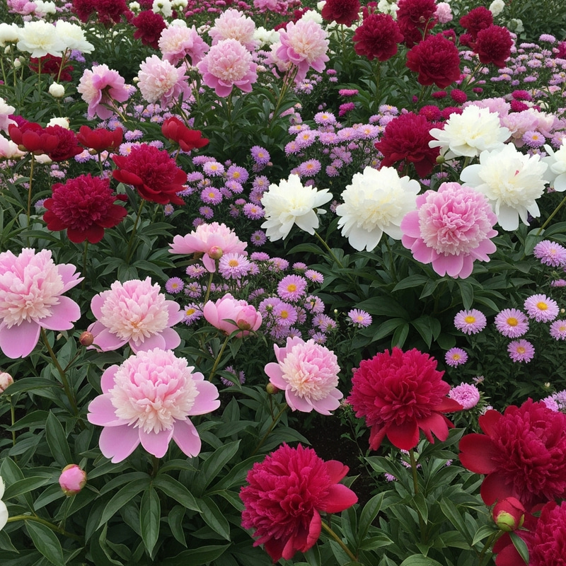 Pink, White, and Red Peonies with Buds and Asters