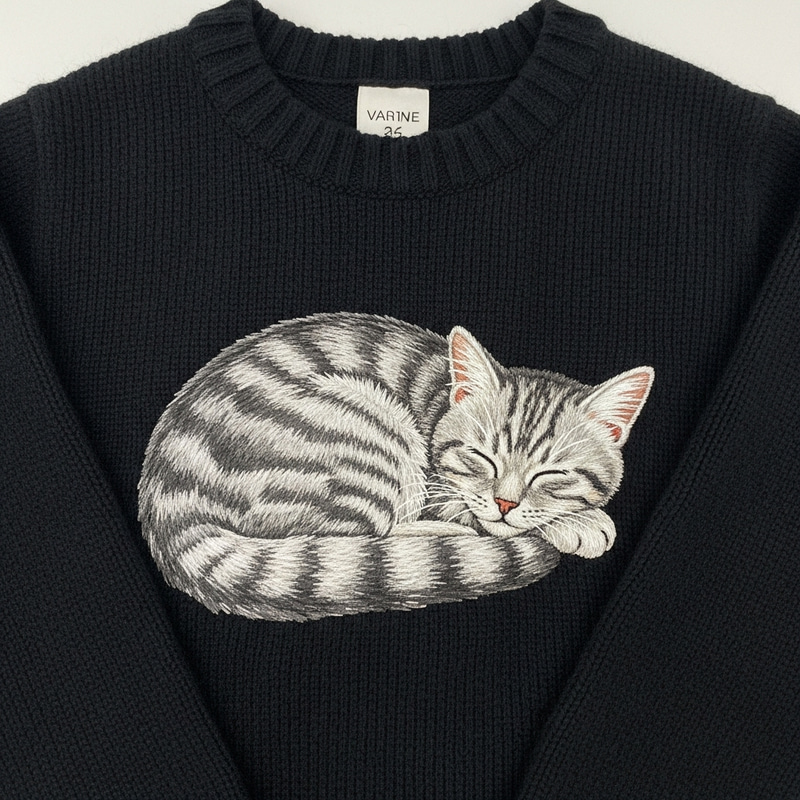 Tranquil Black Cat Embroidered Wool & Cashmere Sweater
