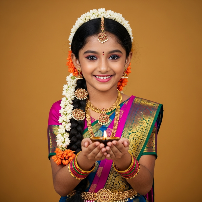 Portrait of a Joyful Tamil Girl in Traditional Pattu Pavadai Dress with Diya Portrait of a Joyful Tamil Girl in Traditional Pattu Pavadai Dress with Diya