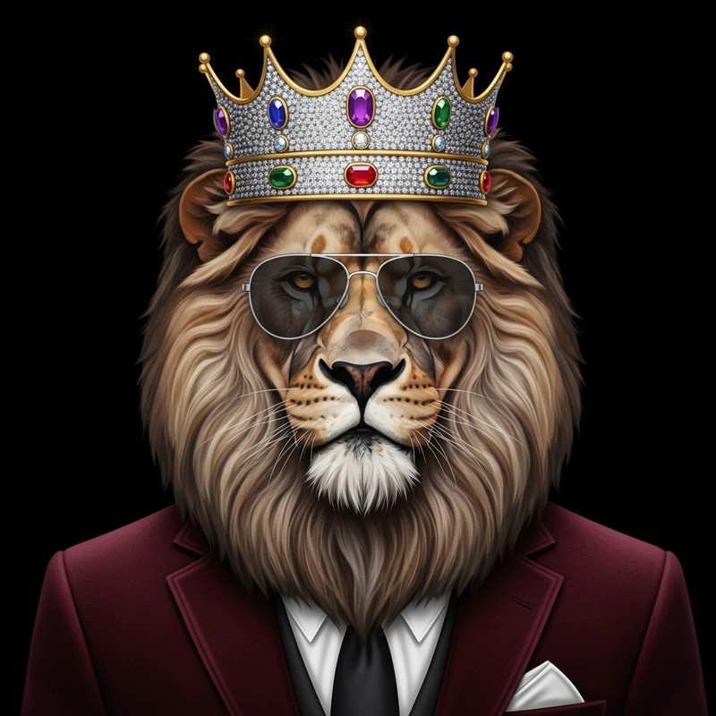 Royal Lion in Platinum & Gold Crown, Roaring Confidently in Designer Velvet Maroon Suit and Sunglasses