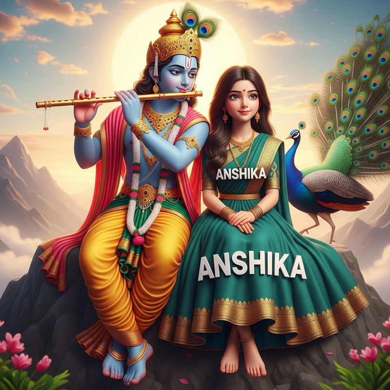 Realistic 3D Image of Anshika with Krishna | Heavenly Mountain Scene Realistic 3D Image of Anshika with Krishna | Heavenly Mountain Scene