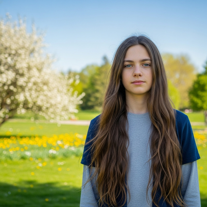 Serene Outdoor Portrait of a 13-Year-Old Boy with Blue Eyes and Long Hair