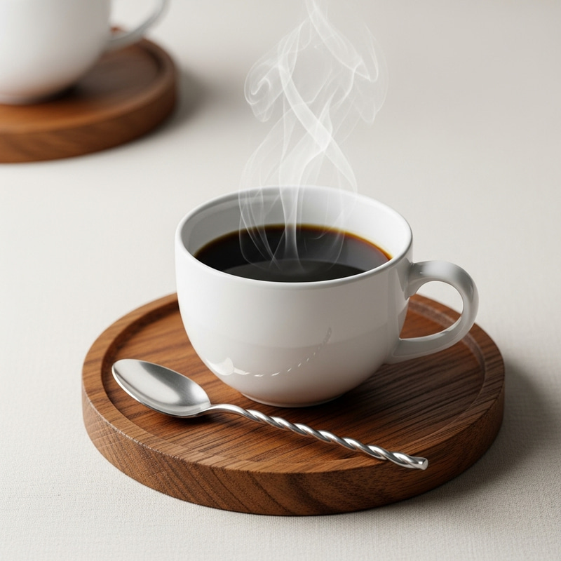 Elegant White Ceramic Coffee Cup on Wooden Coaster