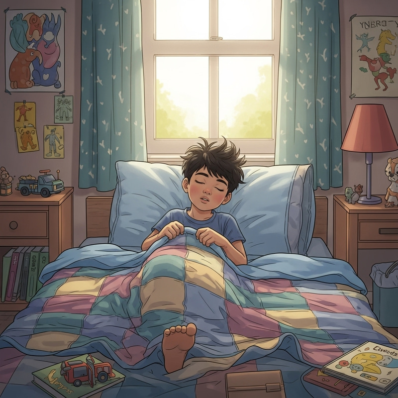 Naughty Boy Waking Up in Colorful Bedroom