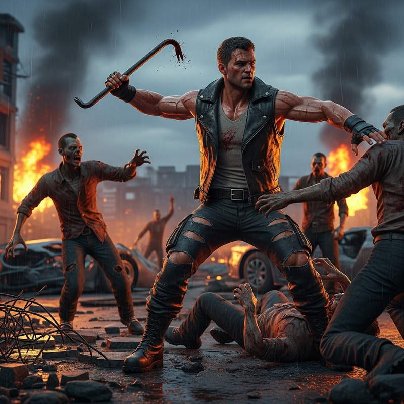 Muscular Male Fighting Zombies - Thrilling Battle Scene Muscular Male Fighting Zombies - Thrilling Battle Scene