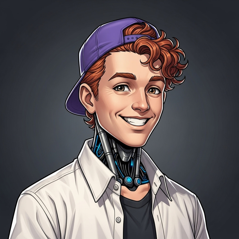 Friendly AI Entity with Ginger Curly Hair & Purple Snapback