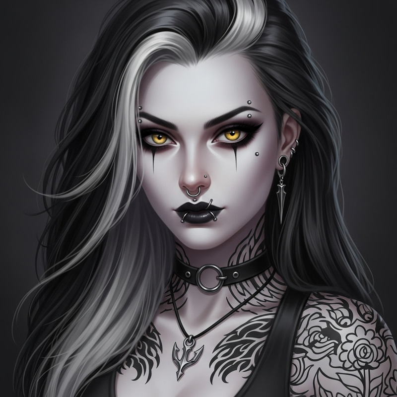 Ethereal Gothic Beauty: Pale Skin, Yellow Eyes, and Dark Style