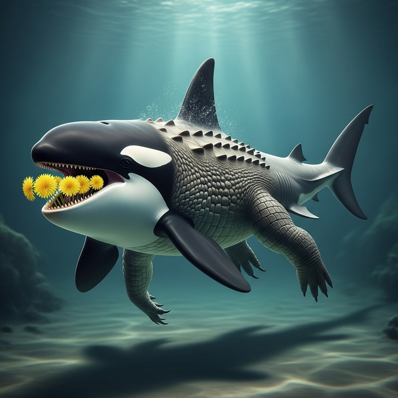 Surreal Hybrid Creature: Orca Head, Crocodile Legs, Shark Tail, Dandelion Teeth Surreal Hybrid Creature: Orca Head, Crocodile Legs, Shark Tail, Dandelion Teeth