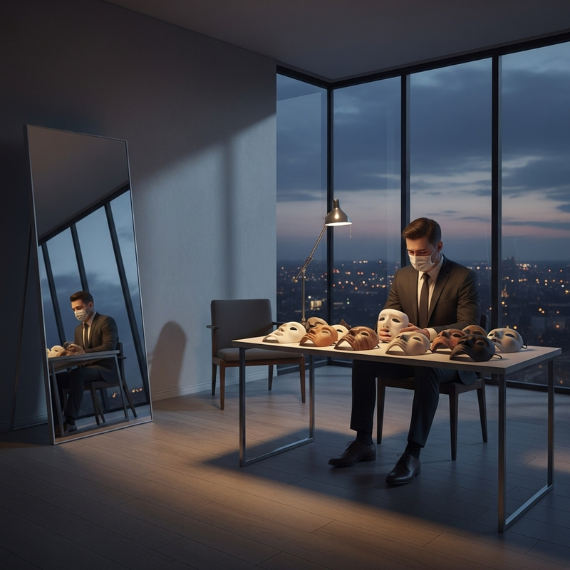 Portrait of Vulnerability: Man Amid Masks in Modern Room Portrait of Vulnerability: Man Amid Masks in Modern Room