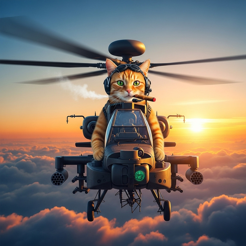 Cuban Cigar-Smoking Cat Pilots Apache Helicopter into Sunset Cuban Cigar-Smoking Cat Pilots Apache Helicopter into Sunset