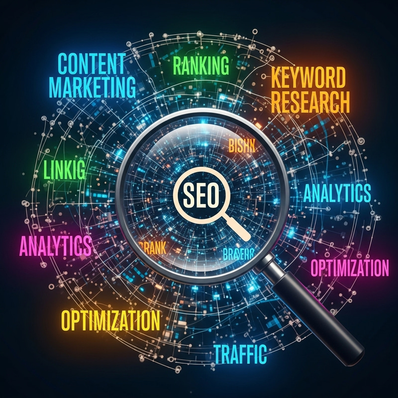Vibrant SEO Visual: Keywords Floating with Bold Fonts Vibrant SEO Visual: Keywords Floating with Bold Fonts