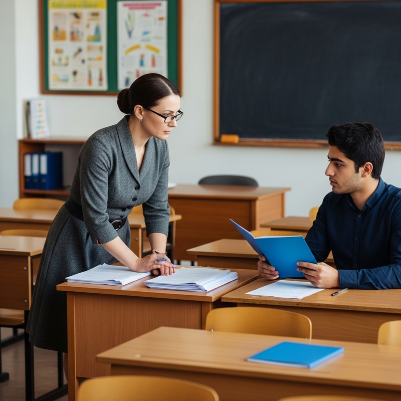 Focused Teacher Administering Exam to Engaged Student in Classroom Focused Teacher Administering Exam to Engaged Student in Classroom