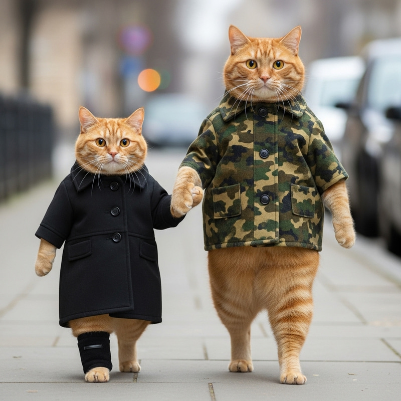 Fat Ginger Cats in Human-Like Behavior Walking Sidewalk Fat Ginger Cats in Human-Like Behavior Walking Sidewalk