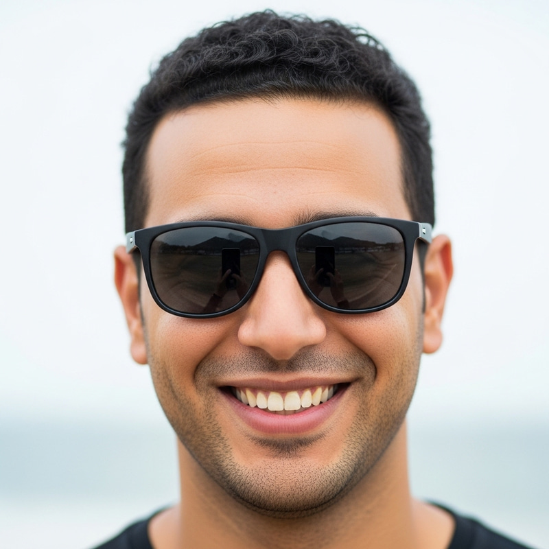Middle-Eastern Man with Short Curly Hair Smiling in Black Sunglasses