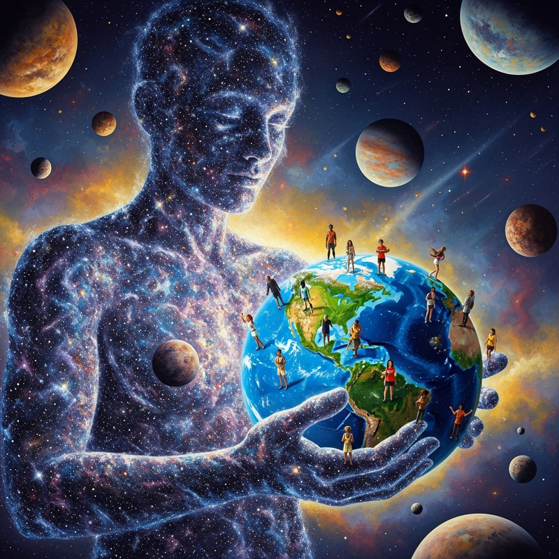 Cosmic Dust Humanoid Cradling Earth in Surreal Art Cosmic Dust Humanoid Cradling Earth in Surreal Art