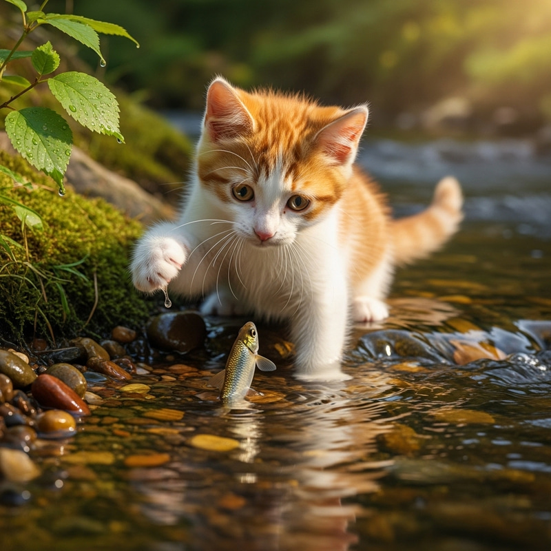 Adorable Cat Playing with Tiny Fish