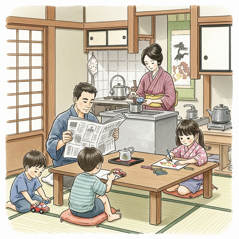 Japanese Family Watercolor Painting | Serene Domestic Scene