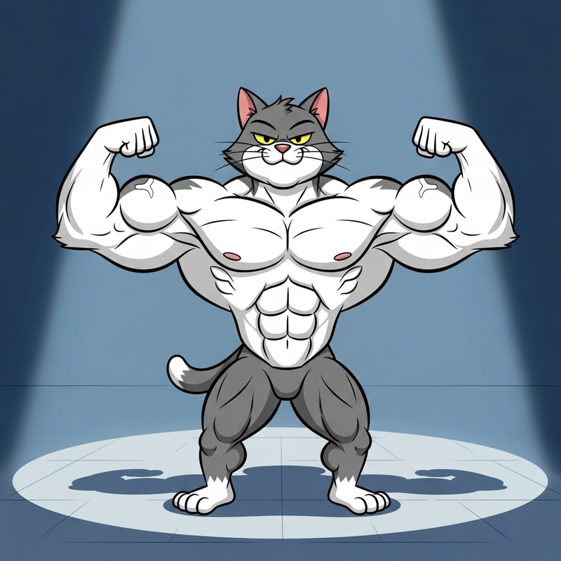 Ripped Cartoon Cat Showing Muscle | Grey & White Fur Ripped Cartoon Cat Showing Muscle | Grey & White Fur
