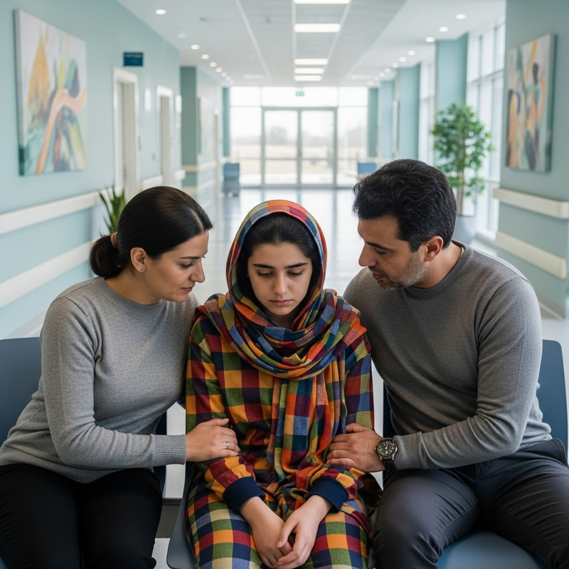 Calming Scene: Melancholic Teenager at Bright Hospital with Supportive Parents Calming Scene: Melancholic Teenager at Bright Hospital with Supportive Parents
