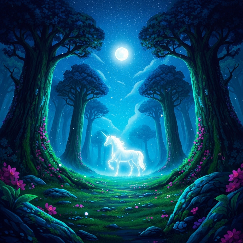 Majestic Unicorn in Enchanting Moonlit Forest Majestic Unicorn in Enchanting Moonlit Forest