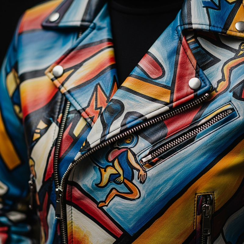 Unique Avant-Garde Leather Jacket Painted with Vibrant Colors Unique Avant-Garde Leather Jacket Painted with Vibrant Colors