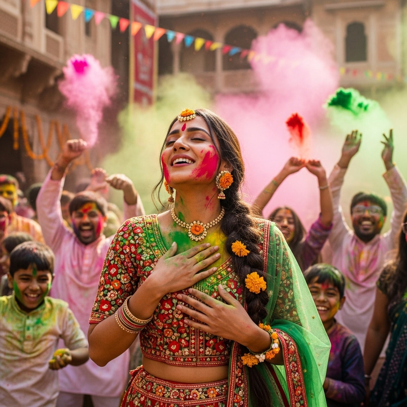 Vibrant Holi Festival: Traditional Indian Attire & Devotional Songs