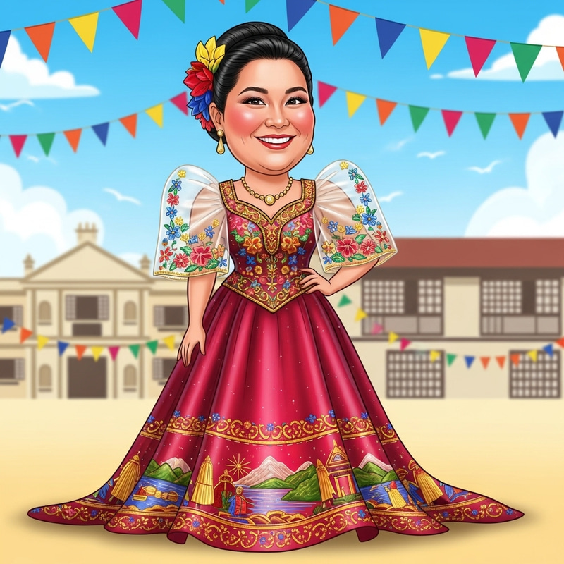 Filipiniana Dress Caricature: Full-bodied Woman with Elegant Posture