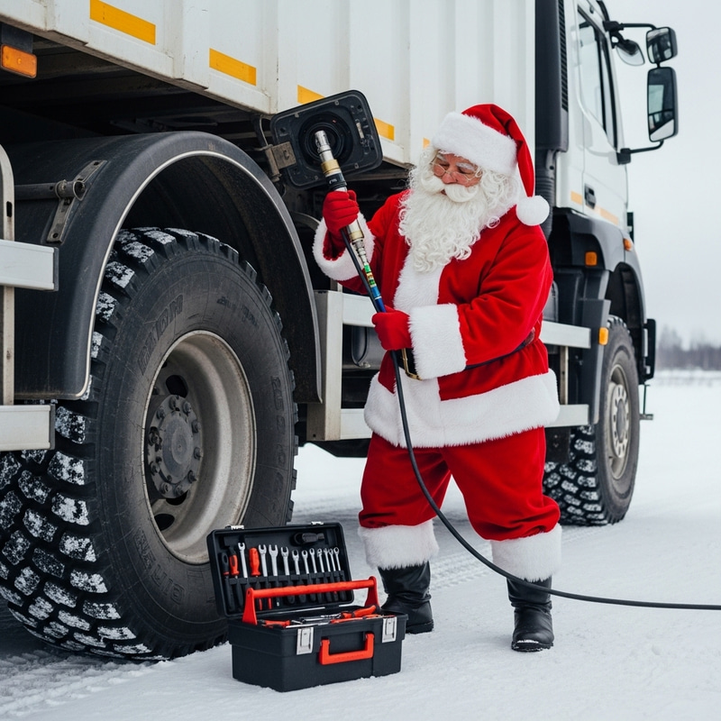 Santa Claus Installing Fuel Level Sensor in Truck Santa Claus Installing Fuel Level Sensor in Truck