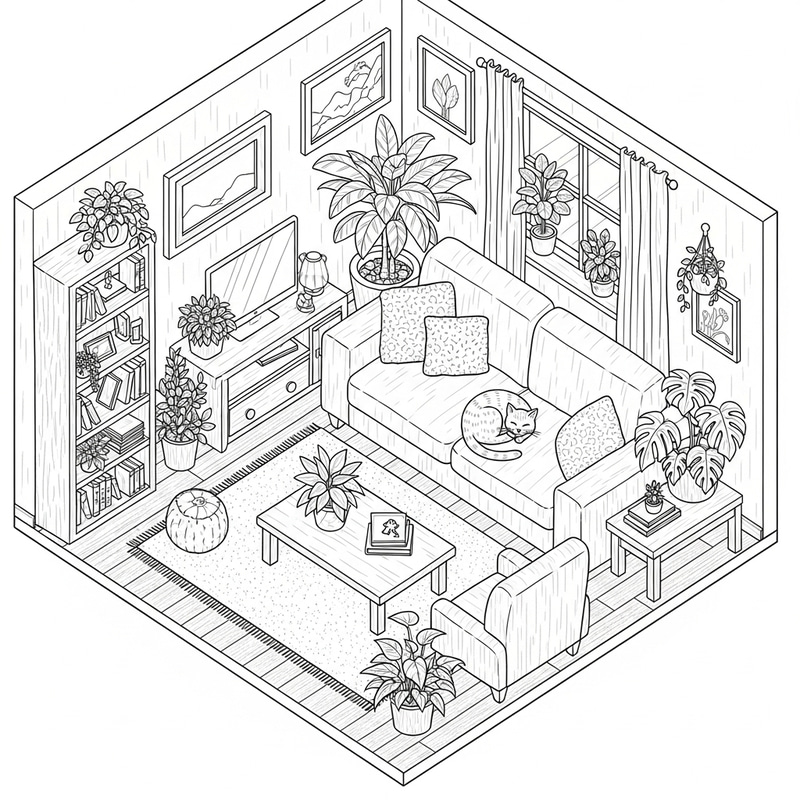 Cozy Isometric Living Room Colorbook for Adults