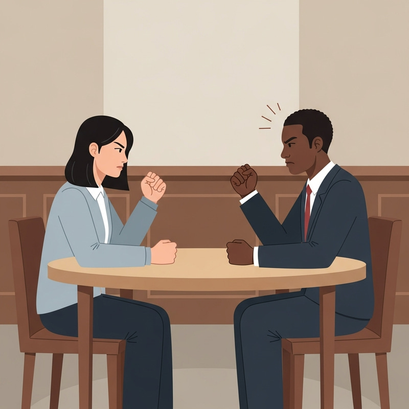 Tense Meeting at Round Table – Courtroom Style Illustration Tense Meeting at Round Table – Courtroom Style Illustration