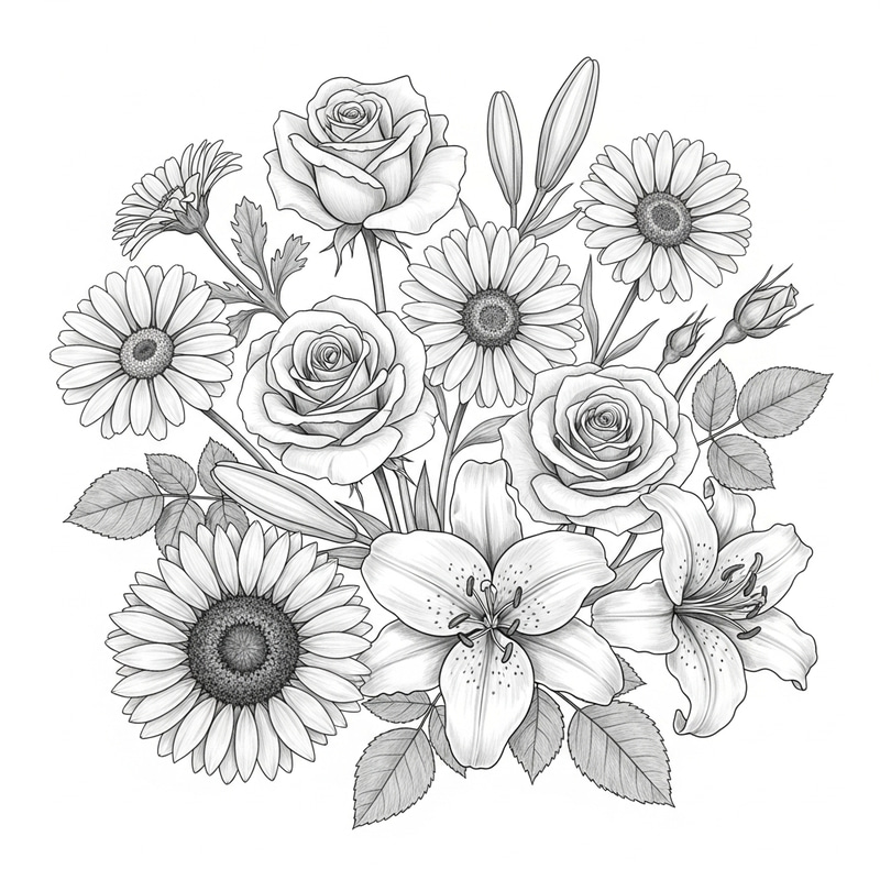 Intricate Pencil Sketch of Roses, Daisies, Lilies & Sunflowers Intricate Pencil Sketch of Roses, Daisies, Lilies & Sunflowers
